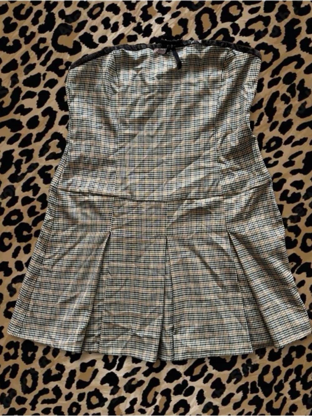 Motel Rocks Black, White and Tan Plaid Strapless Dress